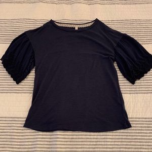 Navy t-shirt blouse with lace sleeves